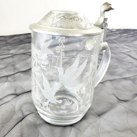 VTG Beer Stein Duck Mallard Etched Glass Pewter Lid 6” Beer Mug France Germany - Picture 1 of 11